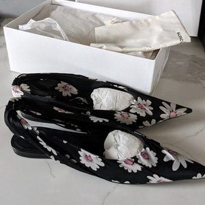 BALENCIAGA Black Daisy Floral Pointed Knife Mules